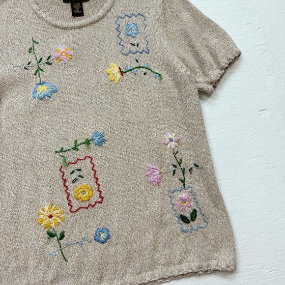 Vintage 90s Salon Studio Embroidered Knit Short Sleeve Sweater, Size XL - Picture 3 of 8